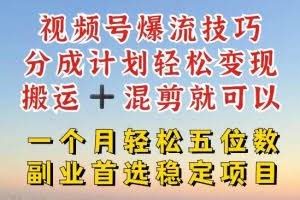 视频号爆流技巧，分成计划轻松变现，搬运 +混剪就可以，一个月轻松五位数稳定项目【揭秘】