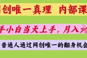 网创唯一真理，内部课程，新手小白当天上手，月入5位数，普通人通过网创唯一的机会【揭秘】