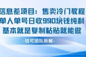 信息差项目：售卖冷门教程单人单号日收9张纯利基本就是复制粘贴就能做