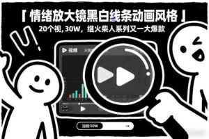 情绪放大镜黑白线条动画风格，20个视频，涨粉30W，继火柴人系列又一大爆款