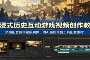 沉浸式历史互动游戏视频创作教学：文案配音剪辑蒙版实操，附AI画质修复工具配套素材