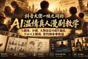 抖音大佬一帧之间的AI温情真人漫剧教学，从剧本、分镜、人物设定到成片输出，作品可上精选、签约独家拿收益