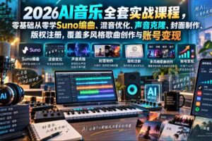 2026AI音乐实战课程,零基础从零学Suno编曲、混音优化、声音克隆、版权注册,覆盖多风格歌曲创作与账号变现