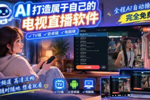 一个提示词，AI全自动做出电视直播软件，电脑、安卓、电视三端通用，完全免费，画质流畅不卡顿