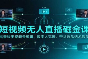 短视频无人直播掘金课：抖音快手视频号剪辑、数字人克隆、带货选品话术教学