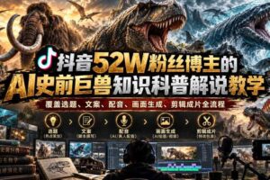 抖音52W粉丝博主的AI史前巨兽知识科普解说教学,覆盖选题、文案、配音、画面生成、剪辑成片全流程