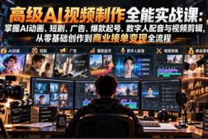 高级AI视频制作全能实战课：掌握AI动画、短剧、广告、爆款起号、数字人配音与视频剪辑，从零基础创作到商业接单变现全流程