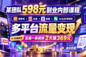 (21238期)某团队598元副业内部课程:视频号+头条+百度+AI公众号创作、多平台流量变现,实操一条视频2天赚369元