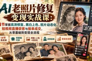 AI老照片修复变现实战课:14节掌握高清修复、黑白上色、照片动态化、短视频直播获客与接单成交,从零基础到变现全流程