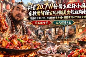 抖音20.7W粉博主旺仔小麻球亲授鲁智深古风剧情美食短视频教学，零基础也能上手，打通创作者分成+橱窗带货+收徒等变现渠道