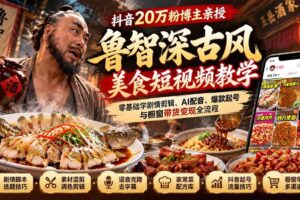 （21285期）抖音20万粉博主亲授鲁智深古风美食玩法：零基础学剧情剪辑、AI配音、爆款起号与橱窗带货变现全流程